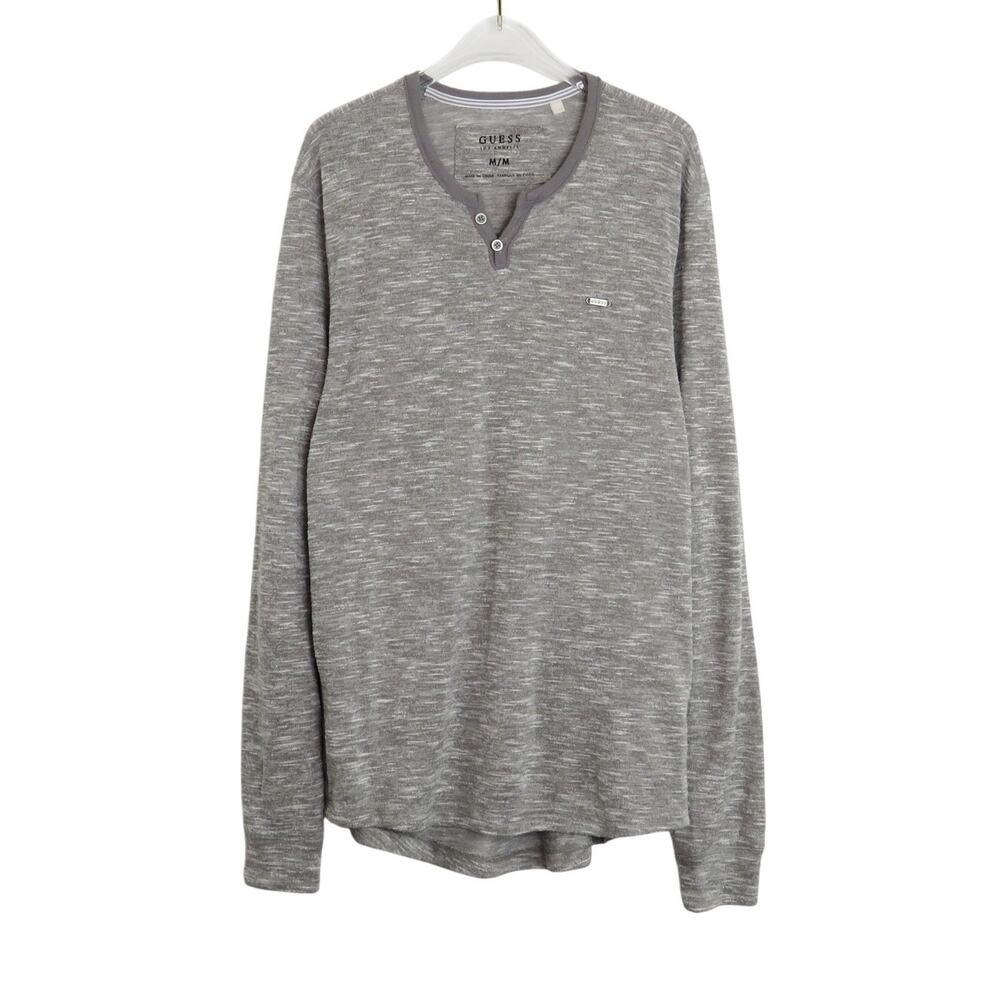 Guess Gray Heather Long Sleeve Henley Shirt Button Front Medium Men's